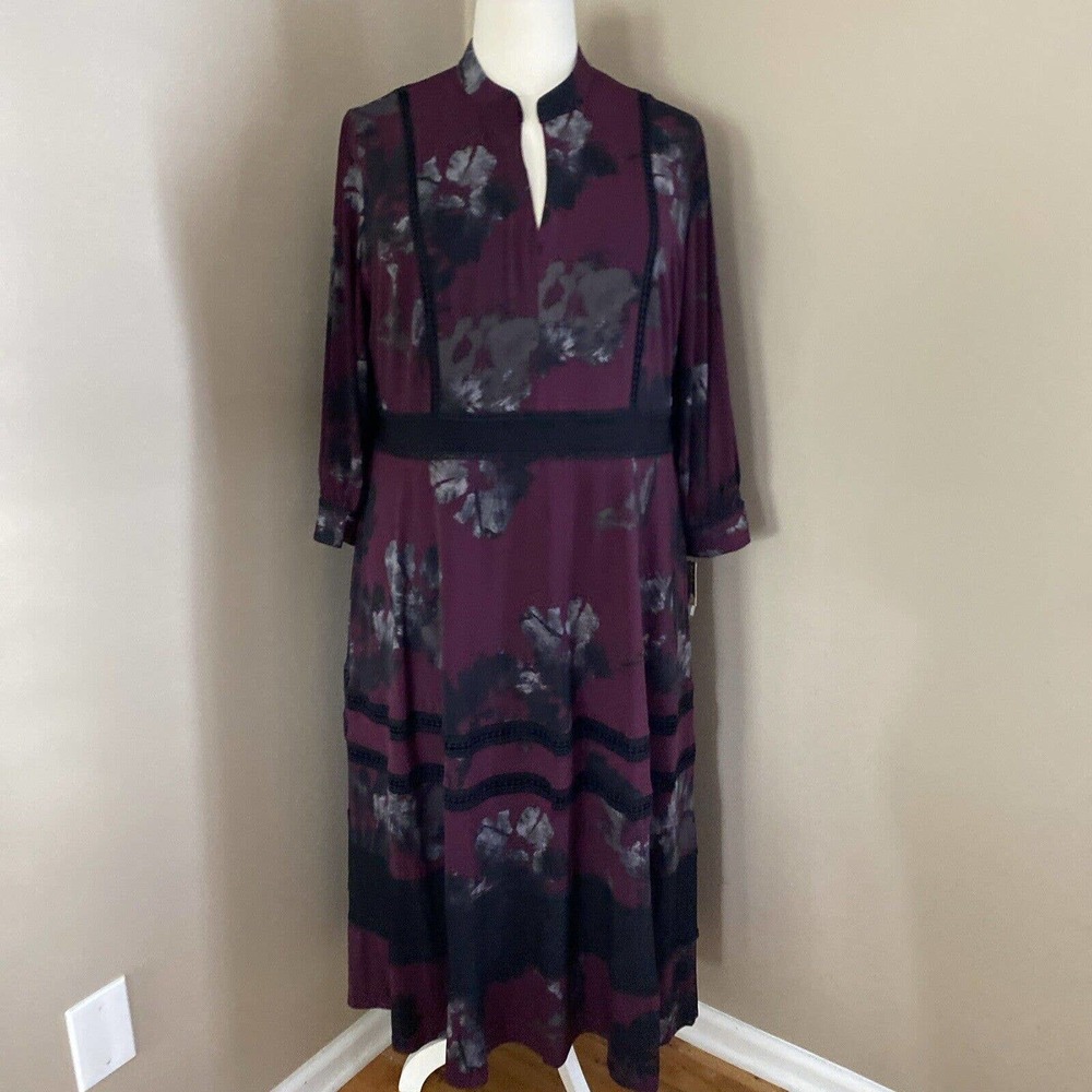 Taylor Burgundy Black Multi Floral A Line 3/4 Sleeve Midi Lined Dress Size 20W